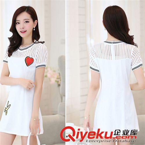 2015年夏季新品 2015新款韓版夏裝女圓領(lǐng)短袖歐根紗拼接中長款連衣裙