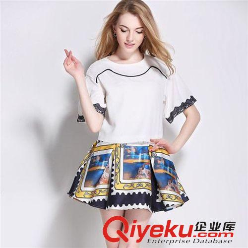 套裝 2015新款歐美夏印花半裙套裝大擺短裙花邊袖名族風(fēng)套裝裙原始圖片3