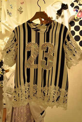韓國東大門系列 韓國東大門2015夏裝新款韓版條紋短袖釘珠蕾絲拼接上衣女T恤原始圖片2