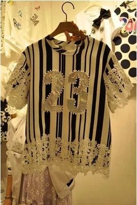 韓國東大門系列 韓國東大門2015夏裝新款韓版條紋短袖釘珠蕾絲拼接上衣女T恤原始圖片3