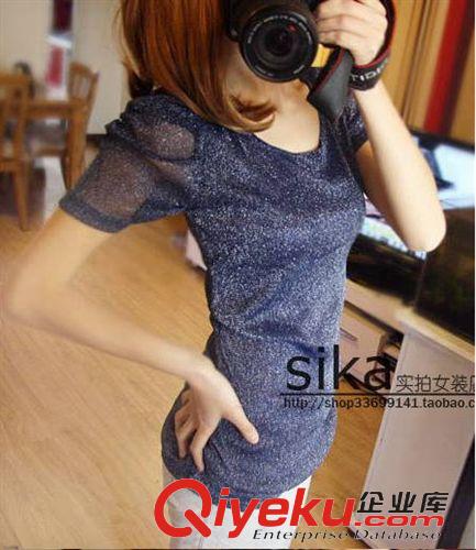 2015春夏季新品 韓國東大門2015春夏新款 韓版圓領(lǐng)泡泡袖女上衣 修身收腰網(wǎng)紗t恤原始圖片2