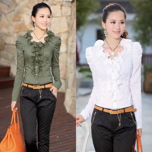 襯衣 高品質(zhì)女裝 淑女氣質(zhì)花邊領(lǐng)泡泡袖長袖襯衫襯衣職業(yè)女裝襯衫批發(fā)