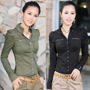 襯衣 高品質(zhì)女裝 淑女氣質(zhì)花邊領(lǐng)泡泡袖長袖襯衫襯衣職業(yè)女裝襯衫批發(fā)