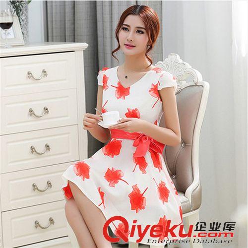 4月新款第4期 2015夏裝新款韓版女裝棉麻連衣裙 時尚修身V領系帶女裝印花大擺裙原始圖片3
