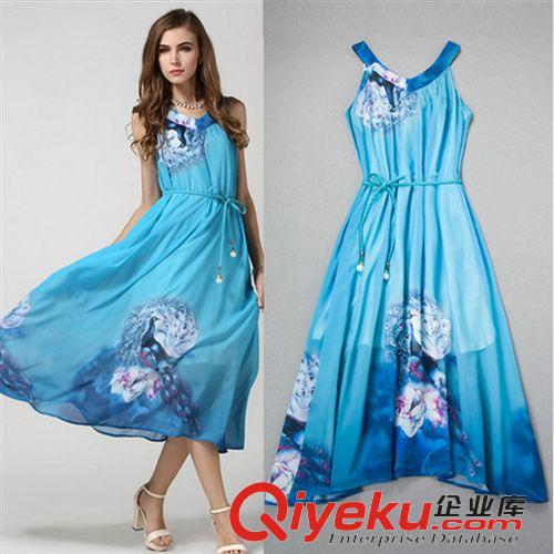 4月新款第二期 2015夏季新款歐美連衣裙 時尚高級雪花絨數(shù)碼印花孔雀大擺長裙原始圖片2