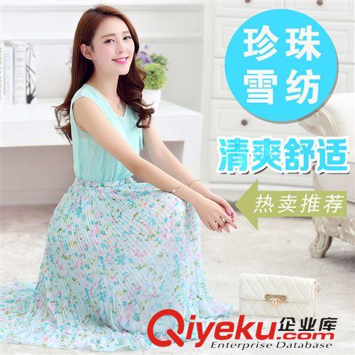 2015年度時尚春夏裝系列 2015新款波西米亞碎花雪紡連衣裙韓版假兩件修身百褶裙原始圖片2