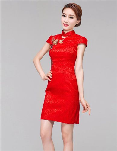 中國風--婚紗、禮服.旗袍.唐裝系列 富茵娜紅色新娘旗袍 結婚敬酒服復古刺繡花短款改良旗袍 雍容高貴原始圖片3