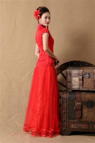 中國風--婚紗、禮服.旗袍.唐裝系列 富茵娜2015 新款新娘結婚禮旗袍裙 紅色長款敬酒時尚晚禮服原始圖片3