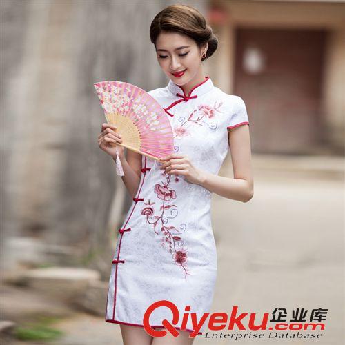 中國風--婚紗、禮服.旗袍.唐裝系列 2015新款復古旗袍  時尚改良V領短袖修身禮服裙 民族風