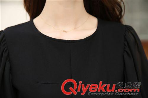 4月新款 2015春裝新款女裝圓領雪紡拼接燈籠袖大傘擺收腰連衣裙 一件代發原始圖片3
