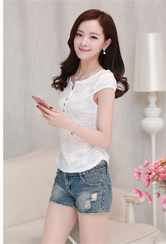 4月新款 2015 夏季大碼女裝T恤短袖V領刺繡白色打底衫女上衣女裝一件代發原始圖片2