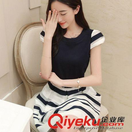 4月新款 一件代發(fā)女裝2015韓版修身顯瘦短袖條紋歐根紗連衣裙雪紡拼接裙夏