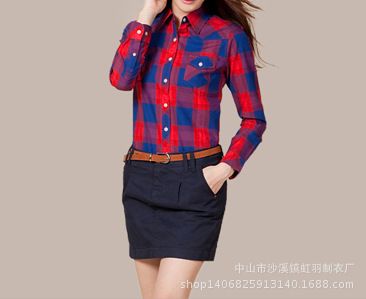 女式襯衫 定做女式新款時尚格子長袖襯衫 短袖翻領襯衫 {bfb}純棉 歡迎定做