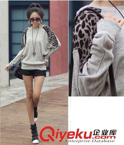 女裝 秋季女裝批發(fā)休閑豹紋圖案 時尚圓領長袖T恤蝙蝠袖T恤 打底衫原始圖片2