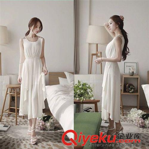女裝-裙裝區(qū) 2015夏季新品修身顯瘦女無(wú)袖吊帶不規(guī)則雪紡連衣裙 一件代發(fā)