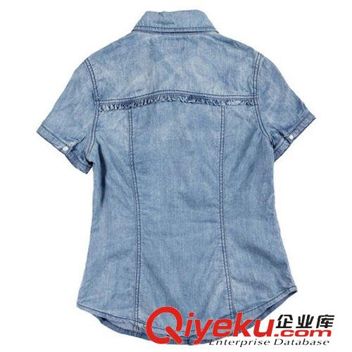 女裝-上裝/外套 2015春夏季新款修身顯瘦牛仔襯衫  拼接花邊木耳短袖牛仔上衣