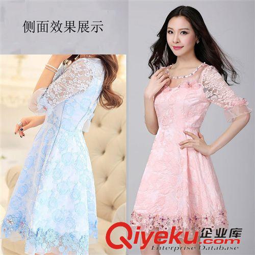 白富美專區-女裝 百搭圓領閃鉆性感蕾絲袖口溫婉荷葉邊傘型下擺迷人韓版修身連衣裙