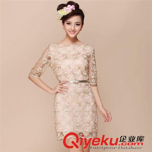 爆款轉(zhuǎn)區(qū) 2015春裝新款品牌女裝 韓版修身中袖打底裙 金線蕾絲連衣裙原始圖片2