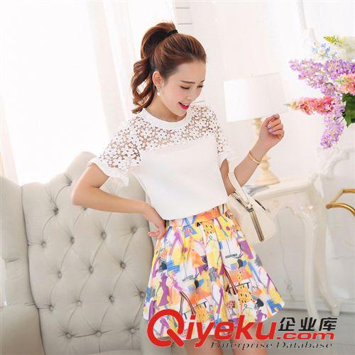 5月份新款 實(shí)拍2015夏裝新款女裝修身名媛連衣裙小香風(fēng)蕾絲印花半身裙兩件套原始圖片2