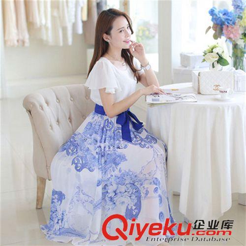 4月份夏裝新品 2015春裝新款大碼女裝韓版修身圓領(lǐng)印花中袖顯瘦雪紡品牌連衣裙