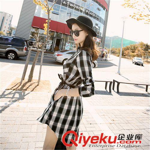 3月份春裝新款 2015春裝新款單排扣中長款格子襯衫氣質打底衫女士修身襯衣原始圖片3