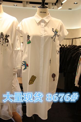 5月8日新款 新款韓國東大門代購貼布胸章中長款純棉襯衫式中長款連衣裙 直批