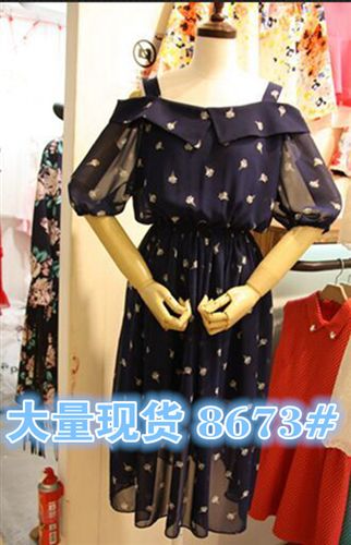 5月1日新款 東大門代購夏季短袖一字領復古碎花雪紡連衣裙女收腰吊帶裙潮