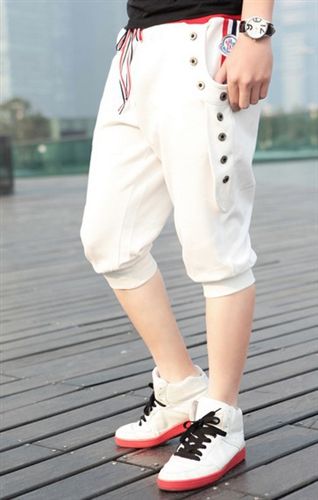 男裝 Y166 2014至IN！夏季腰部羅紋撞色 立體排扣休閑褲 男運(yùn)動(dòng)七分褲