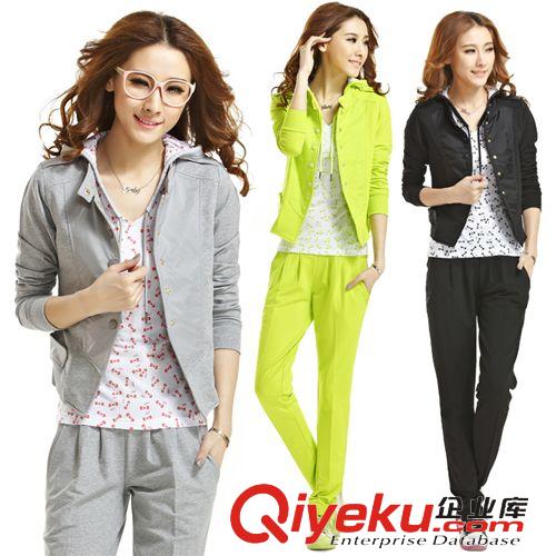 2014女春季套裝 2014秋裝新款韓版女款立領收腰開衫連帽金絲絨運動套裝98617