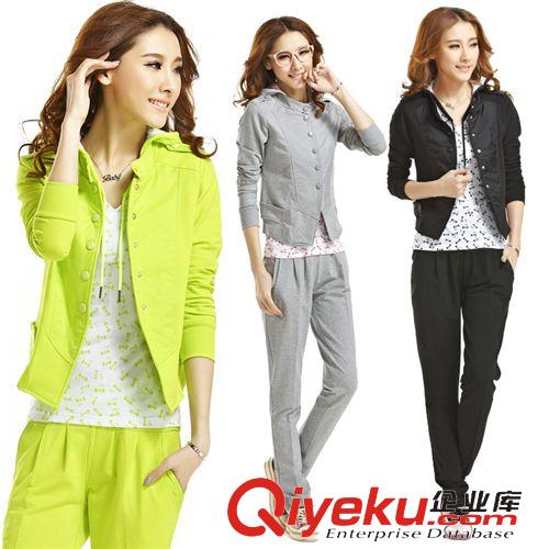 2014女春季套裝 2014秋裝新款韓版女裝三件套扣子開衫連帽修身顯瘦運動套裝330原始圖片2