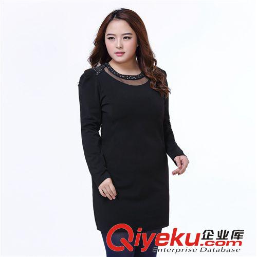 胖MM特大碼女裝 新款胖mm鑲鉆長袖修身氣質連衣裙 韓版長袖圓領拼接大碼裙子