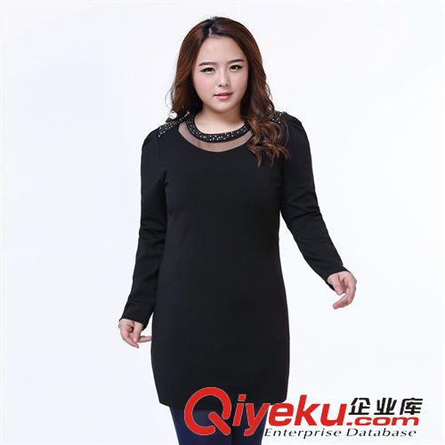 胖MM特大碼女裝 新款胖mm鑲鉆長袖修身氣質連衣裙 韓版長袖圓領拼接大碼裙子原始圖片2