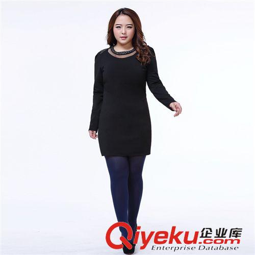胖MM特大碼女裝 新款胖mm鑲鉆長袖修身氣質連衣裙 韓版長袖圓領拼接大碼裙子原始圖片3