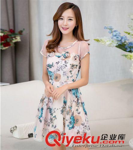 爆款推薦 歐洲站2015夏季新款短袖女雪紡連衣裙甜美大碼印花連衣裙廠家批發