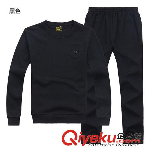 男套裝 七皮狼男裝 純色百搭運動套裝男 長袖圓領純棉運動服男 廠家批發原始圖片2