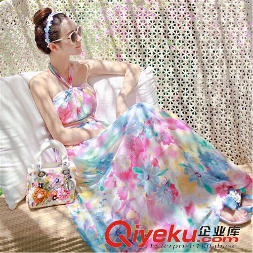 4月新款1期 2015夏季女裝新款掛脖抹胸雪紡連衣裙海邊度假波西米亞碎花長裙原始圖片2