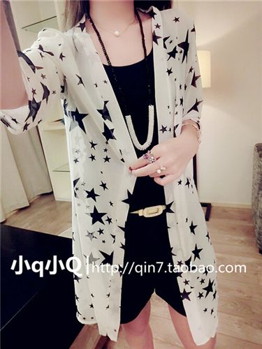 外套 小西裝 風衣 2015春夏女裝新款韓版星星印花披肩防曬衣空調衫開衫雪紡衫潮