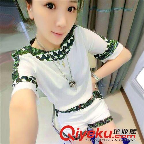 套裝 歐洲站2015夏季水原希子口紅字母貼布 歐根紗短袖上衣+短褲套裝
