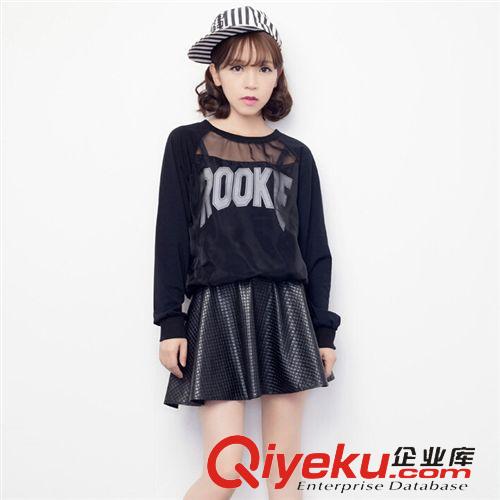 衛(wèi)衣 2015春季新款時尚個性顯瘦長袖字母歐根紗衛(wèi)衣+A字皮短裙套裝女