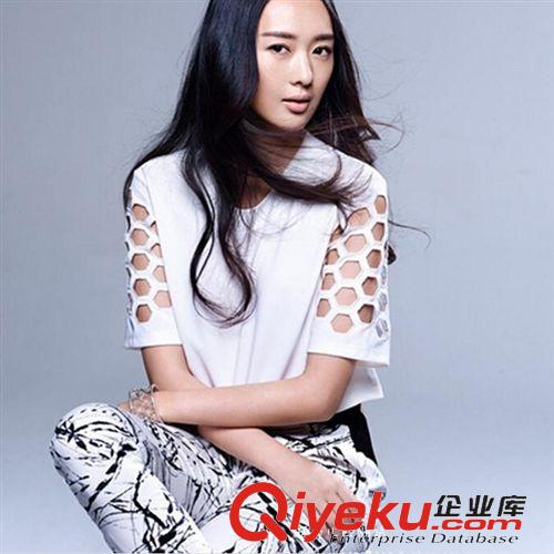 333 2015夏季女裝新款歐美鏤空袖上衣t恤潑墨印花小腳褲休閑套裝原始圖片3
