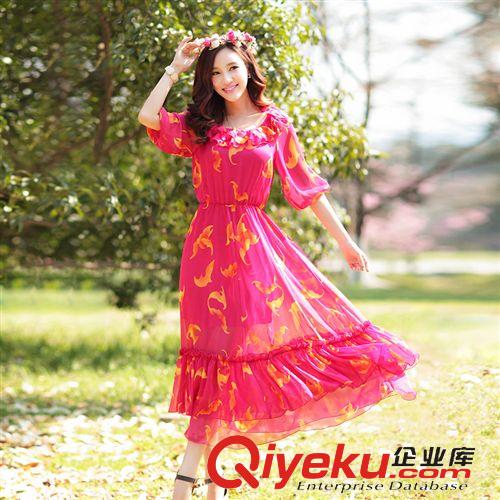 333 實拍2015夏季女裝新款秋波西米亞沙灘裙 五分袖雪紡印花連衣裙
