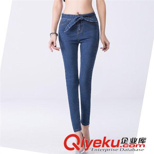 牛仔系列 2015春裝新品蝴蝶結高腰修身窄腳藍色牛仔褲超顯瘦小腳褲模特實拍