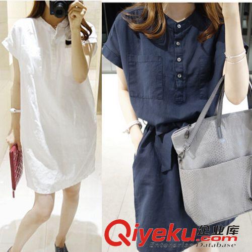棉麻新品 2015春夏新款韓版修身甜美白襯衫收腰氣質(zhì)顯瘦女裝連衣裙打底裙原始圖片3
