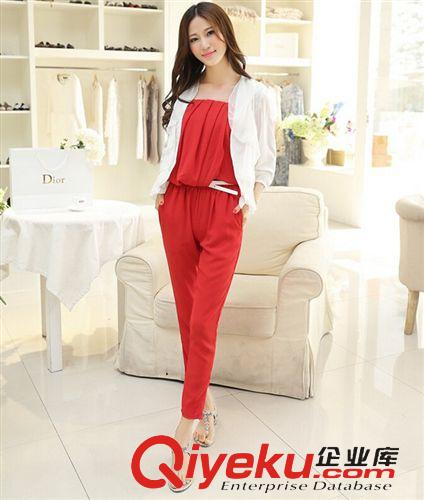 親子裝 2015春夏新款親子裝 雪紡紅色抹胸連體褲/外套 母女裝兩件套