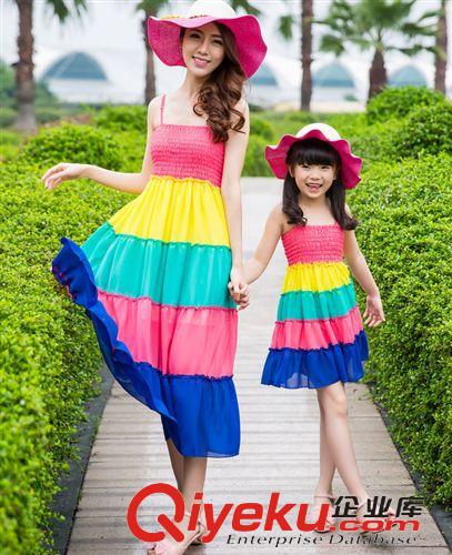 親子裝 2015夏裝新款天藍(lán)露肩貼鉆連衣裙 棉麻連衣裙 母女裝 親子裝