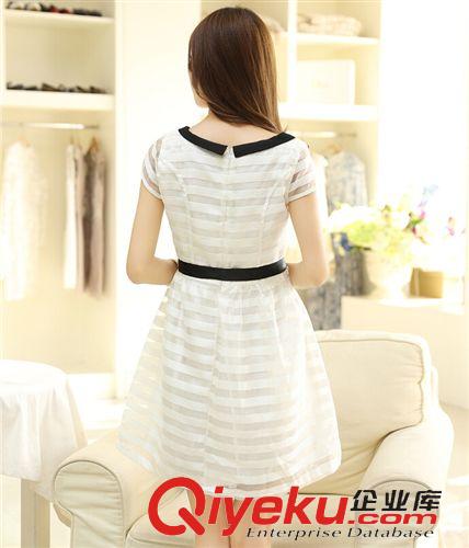 親子裝 2015夏裝新款 親子裝 黑領(lǐng)條紋歐根紗連衣裙 母女裝 送腰帶原始圖片2