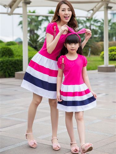 親子裝 2015夏季新款親子裝休閑條紋拼接圓領(lǐng)短袖母女裝連衣裙