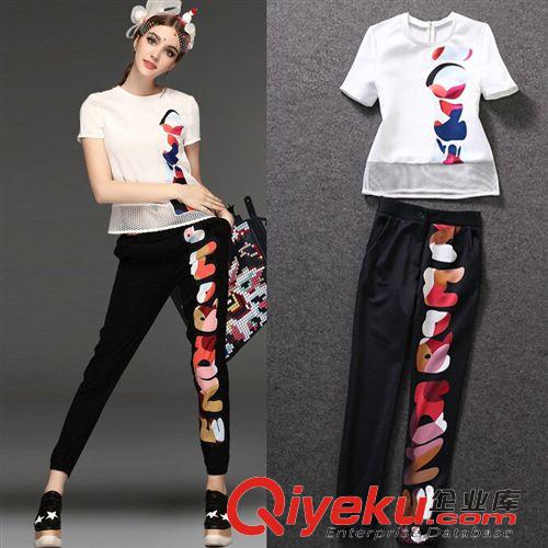 2015四月上新 歐洲站年新款女裝刺繡字母圓領短袖T恤+天鵝印花休閑套裝