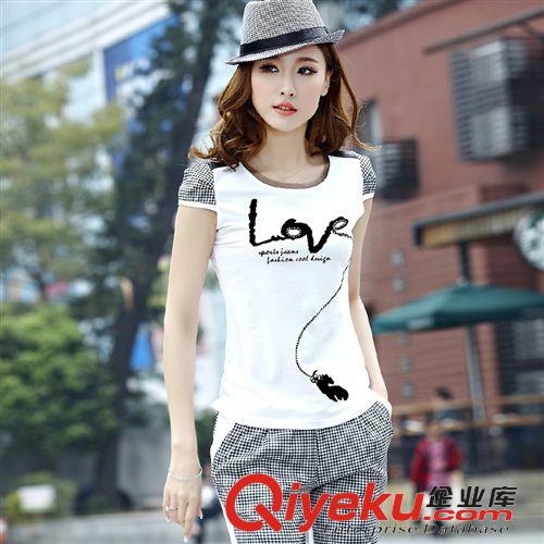 2015四月上新 運動套裝女夏裝新款格子大碼短袖時尚修身休閑套裝七分褲原始圖片2