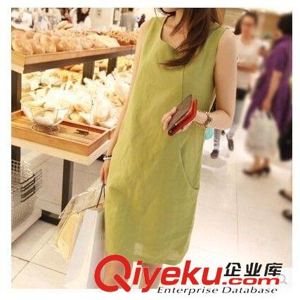 棉麻區 韓國春夏季新款大碼女裝 棉麻中長款純色連衣裙背心裙亞麻
